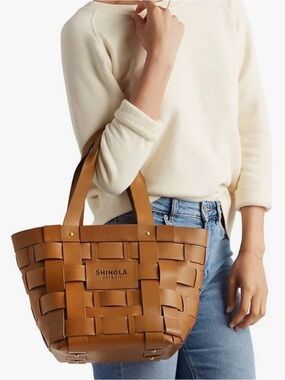 Shinola Woven Leather Tote in Cognac Brown